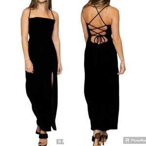 NEW STAUD Bellamy Size X-Small Black Velvet Cowl Neckline Maxi Gown Lace Up Back